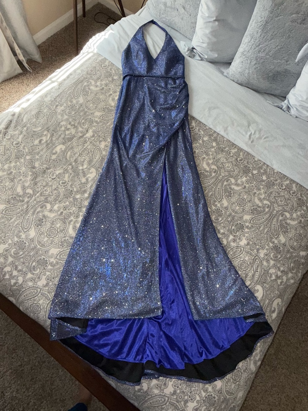 Glittering Blue Halter Style Formal Gown
